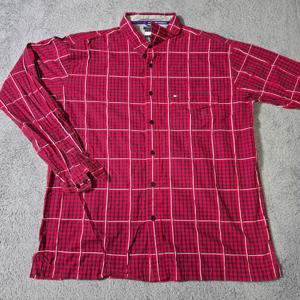 Tommy Jeans Mens XL Button Down Shirt Red Plaid Long Sleeve Cotton Flag Logo